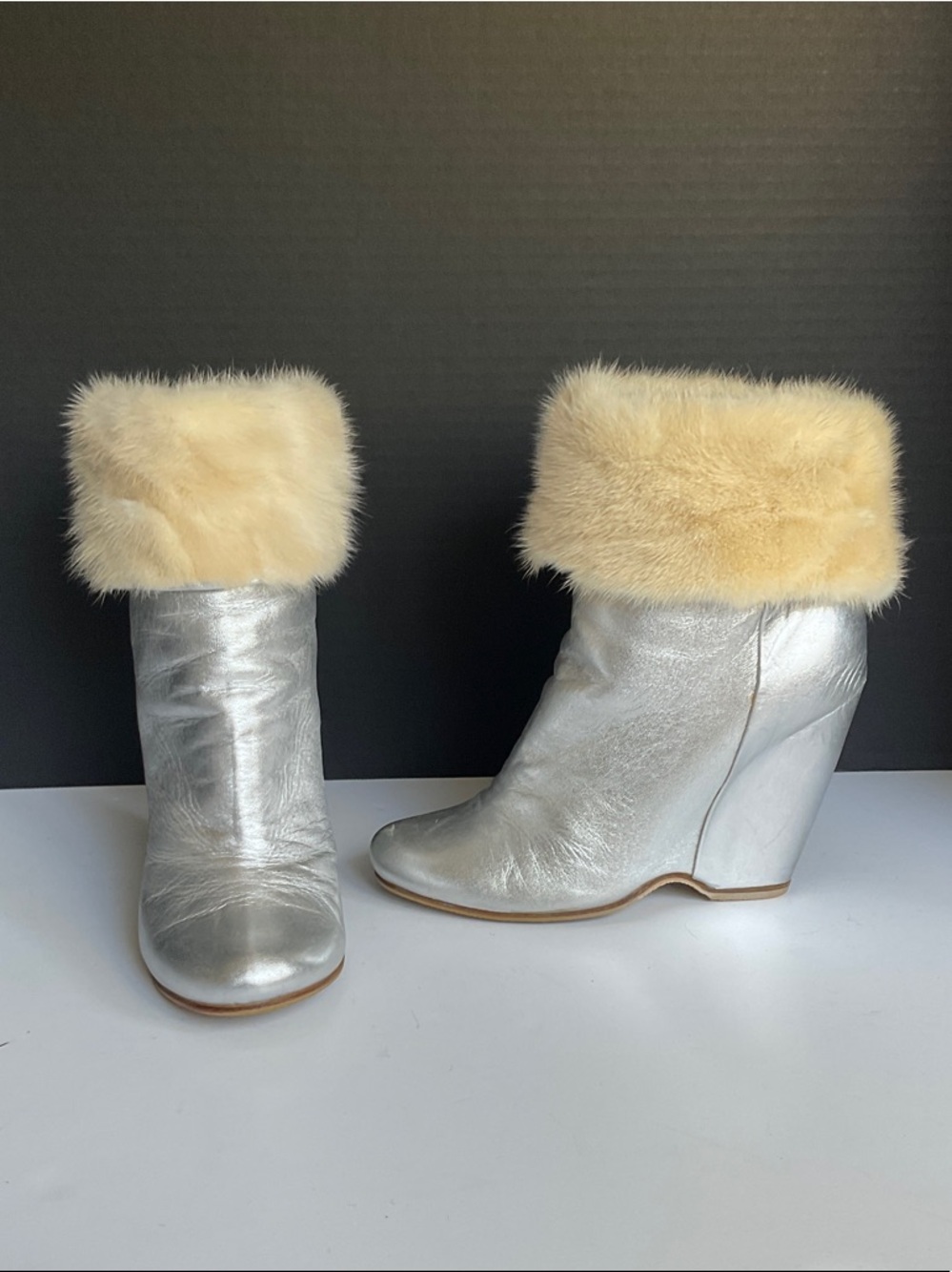 Giuseppe Zanotti Silver Wedge Ankle Boots with Cream Fur Cuff